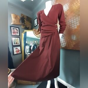 Nwt Zara Cotton Blend Combination Burgundy Wrap Style Dress